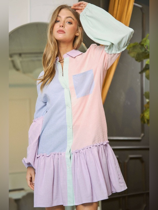 DAVI & DANI Dresses & Skirts - Davi and Dani Large Pastel Colorblock Button-Down Babydoll Dress